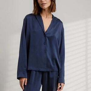 Lunya Washable Silk Long Sleeve Sleep Shirt Pajama Top Blue Size M Sleepwear